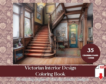 35 Page Bundle Victorian Interior Design Adult Coloring Book Chic Home Coloring Sheet Architecture Coloring Page for Adult Instant Download