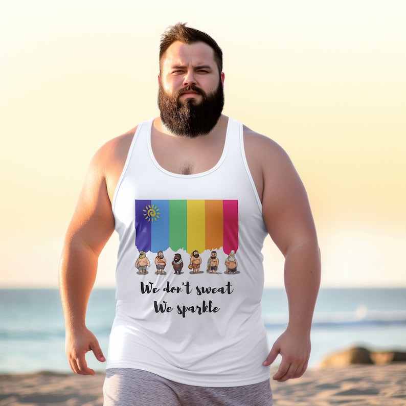 May include: White tank top featuring a rainbow flag design and the text "We don't sweat We sparkle".