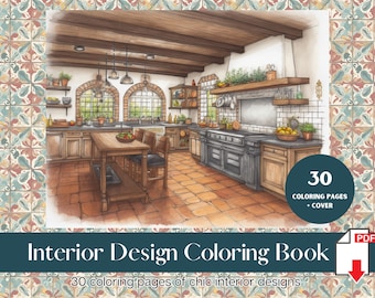 30 Page Bundle Interior Design Adult Coloring Book Chic Home Coloring Sheet Architecture Coloring Page for Adult Instant Download