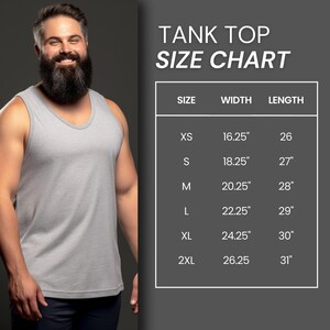 May include: Tank top size chart with measurements in inches. The chart shows sizes XS through 2XL with corresponding width and length measurements.