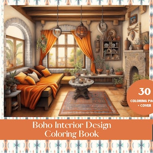 May include: A colouring book featuring a boho interior design with a sofa, a coffee table, plants, and a fireplace. The cover features a 30 page colouring book with a cover.