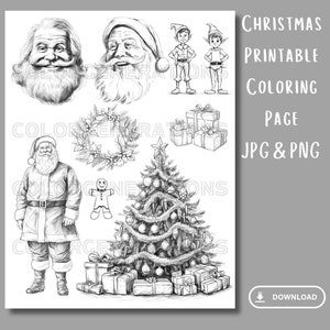 May include: Black and white printable coloring page featuring a Christmas tree, Santa Claus, elves, a gingerbread man, and a wreath. The page is titled "Christmas Printable Coloring Page JPG & PNG".