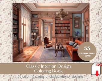 55 Page Bundle Classic Interior Design Adult Coloring Book Mansion Coloring Sheet Architecture Coloring Page for Adult Instant Download