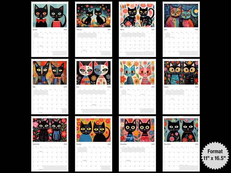Whimsical Cats Wall Calendar 2024 Modernist Art Ugly Cat Etsy