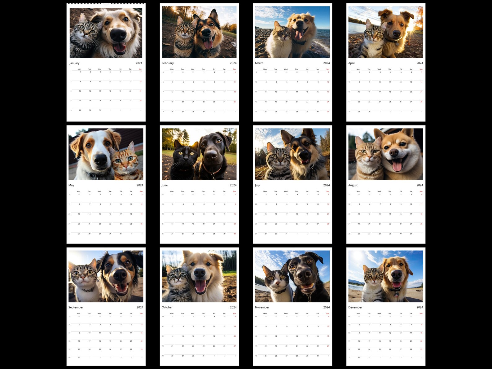 Cute Cat and Dog Wall Calendar 2024 Pet Calendar Gift Idea for Cat