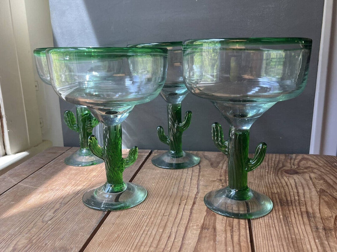 Hand Blown Green Rim Margarita Glasses With Green Cactus Stems Etsy