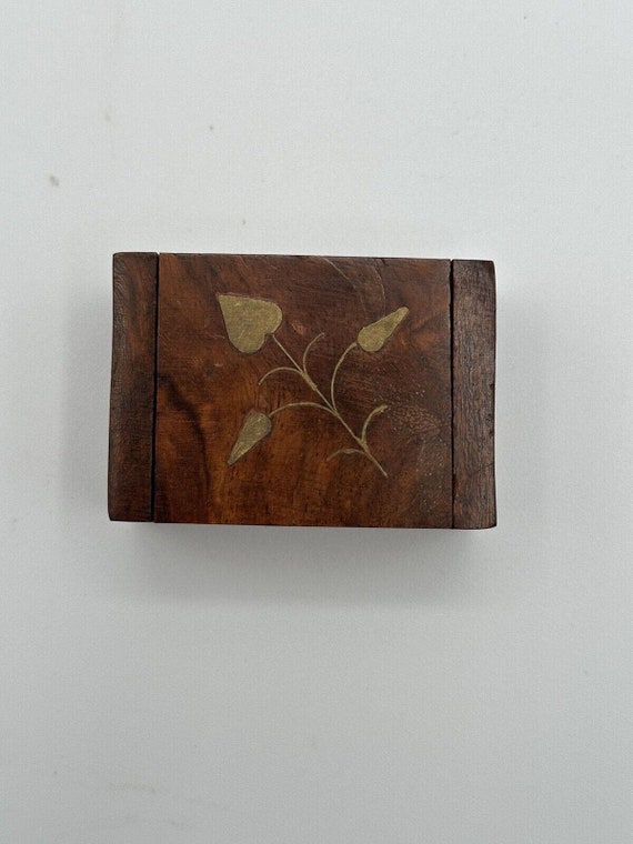 Vintage Tiny Wooden Box W/ Brass Inlay Trinket Box