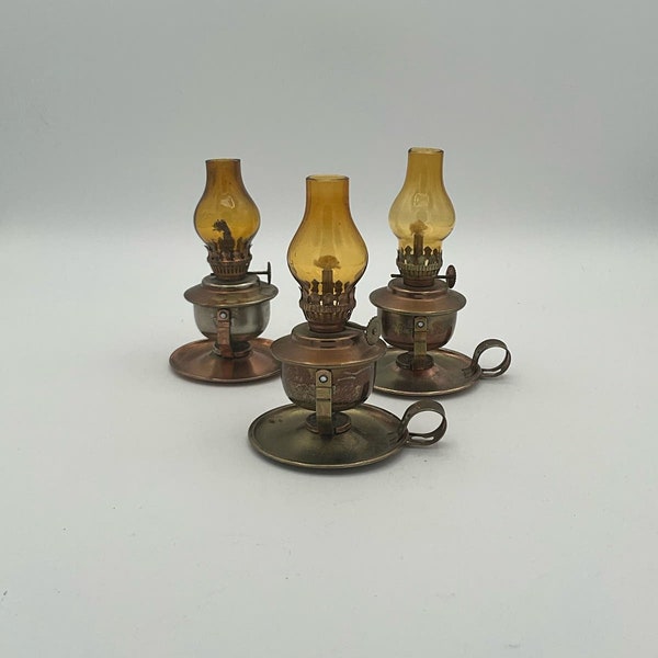 Set of 3 Mini Amber Glass Kerosene Lamps with Copper Tone Base, Wick, Twist Knob