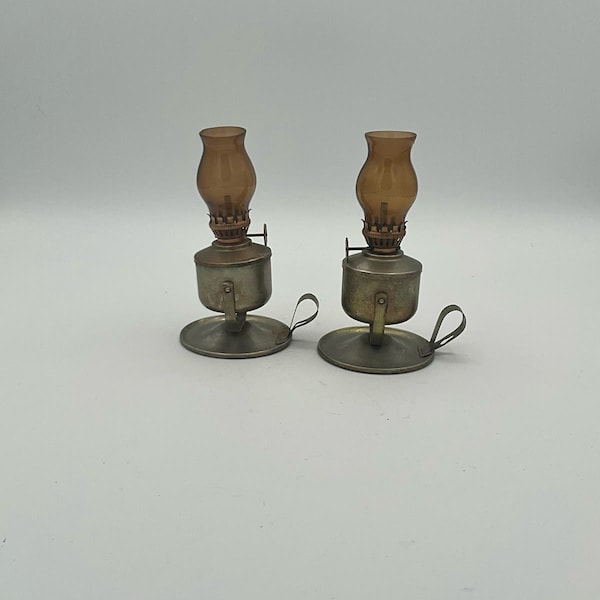 Set of 2 Mini Amber Glass Kerosene Lamps with Copper Tone Base, Wick, Twist Knob for Wick Release