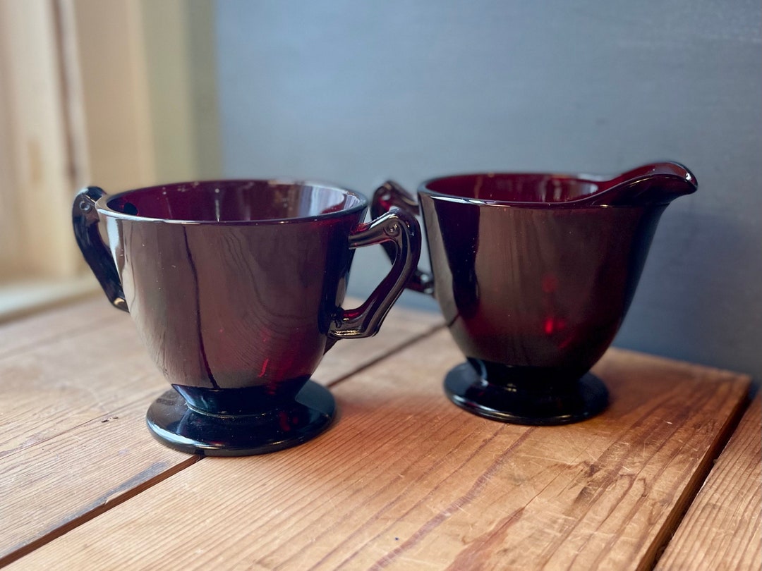 Vintage Anchor Hocking Ruby Red Glass Creamer & Sugar Bowl Etsy