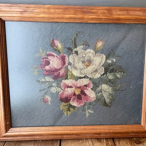 Vintage framed floral needlepoint with glass
