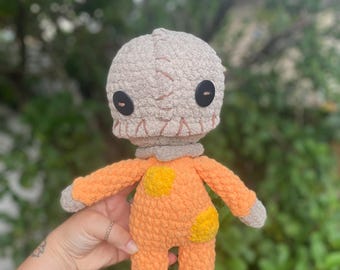Crochet Burlap Trickster Halloween Doll – Stitched Face, Button Eyes