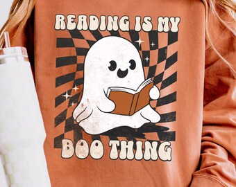 Ghost-png lezen, retro Halloween-boekenliefhebberontwerp (digitale download)