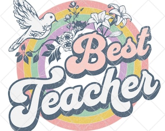 Retro Rainbow Floral Teacher PNG | Pastel Bird Floral Design (Digital Download)