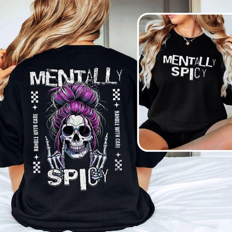 Mentally Spicy text design in bold distressed font, black humor graphic with transparent background for dark apparel and POD items.