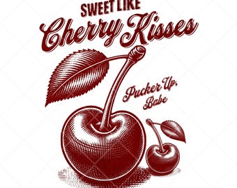 Cherry Kisses PNG: Retro Fruit Clipart, Soft Girl Design (Digital Download)