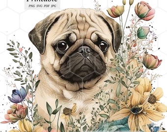 Illustraties mopshond | Bloemenhondillustratie (digitale download)
