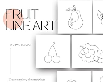 Paquete digital minimalista de arte lineal de frutas: imágenes prediseñadas SVG, PNG e imprimibles, diseños de descarga instantánea