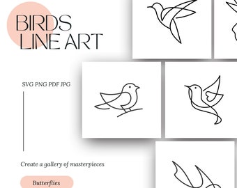 Imágenes prediseñadas minimalistas de arte lineal de aves, diseños de clipart, archivos de descarga digital instantánea