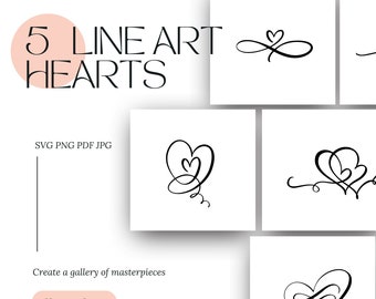 Paquete de imágenes prediseñadas imprimibles de líneas de amor con bonitos corazones y diseños de descarga digital