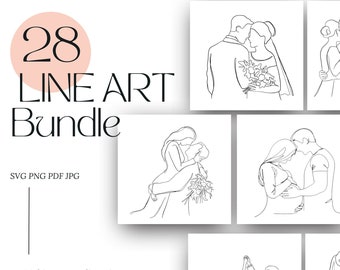 Paquete de arte lineal para pareja de novios y embarazo: imágenes digitales imprimibles de descarga instantánea.