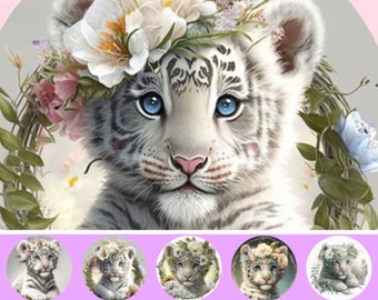 Paquete de 5 imágenes imprimibles de cachorros de tigre blanco con descarga digital instantánea.