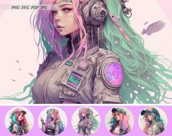 Paquete de diseños de dibujos animados digitales Cyberpunk para imprimir e imprimir al instante.
