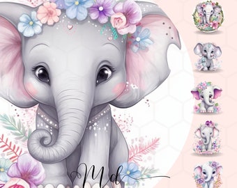 Schattige babyolifant clipartbundel, decor kinderkamer (digitale download)