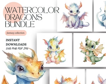 Paquete de imágenes prediseñadas de dragones de acuarela, archivos digitales imprimibles, diseños de descarga instantánea