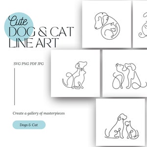 Süße Katze und Hund Linie Kunst digitales Bundle SVG druckbare PNG Clipart Bilder Sofort Download Designs