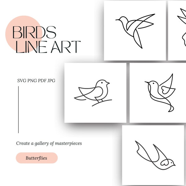 Dessin au trait beaux oiseaux, dessins numériques simples, images clipart imprimables en téléchargement immédiat