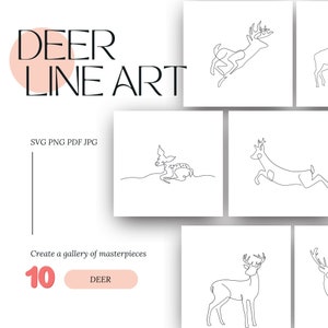 Deer Linie Kunst minimalistische digitale Bundle SVG druckbare PNG Tier Clipart Bilder Sofortiger Download Designs