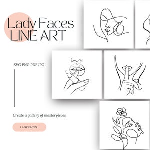 Lady Gesichter Linie Kunst minimalistische digitale Bundle SVG druckbare PNG Frauen Clipart Bilder Sofort Download Designs