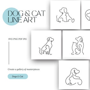 Hund und Katze Linie Kunst digitales Bundle SVG druckbare PNG Clipart Bilder Sofortiger Download Designs