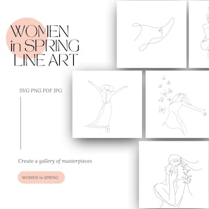 Femmes au printemps Dessin au trait numérique minimaliste Bundle numérique SVG PNG imprimable Images Clipart Téléchargement instantané des dessins et modèles