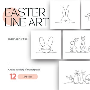 Dessin au trait de Pâques numérique minimaliste Bundle SVG imprimable PNG vacances Clipart Images téléchargement immédiat dessins