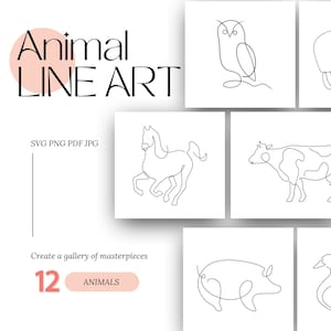 12 Line Art Tiere Digital Bundle SVG Druckbare PNG Clipart Bilder Minimalistischer Sofort Download Designs