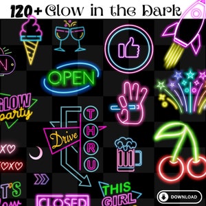 120 leuchtende Neon Clipart Designs ""Neon Glow in the Dark"" transparent druckbare sofortige digitale Download Bilder."