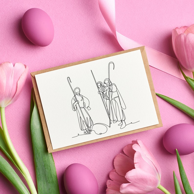 Puede incluir: Una tarjeta marr&oacute;n con un dibujo de l&iacute;nea negra de tres personas con bastones sobre un fondo rosa con tulipes rosas y huevos rosas.
