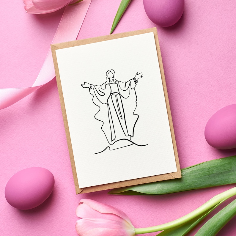 Puede incluir: Una tarjeta blanca con un dibujo de l&iacute;nea negra de una persona con los brazos extendidos. La tarjeta est&aacute; rodeada de tulipanes rosas, huevos de Pascua rosas y hojas verdes sobre un fondo rosa.