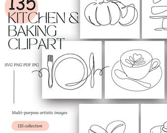 Imágenes lineales de repostería, cocina, comida y bebidas - Paquete de imágenes prediseñadas digitales (SVG, PNG)