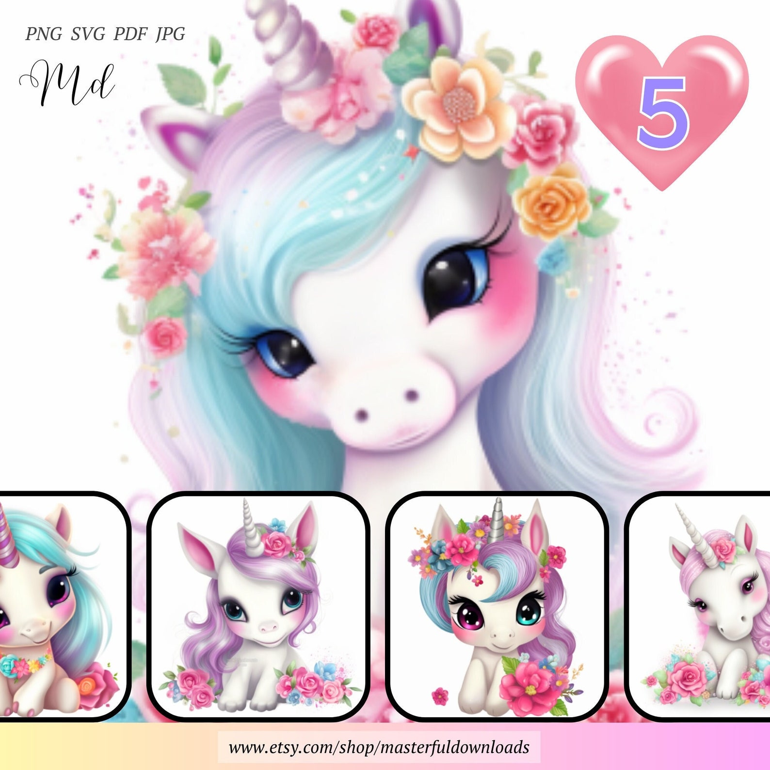 5 Magical Baby Unicorns Clipart Bundle Printable Instant Digital ...
