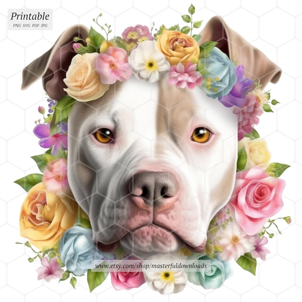 Floral Pit bull Dog Printable Digital Clipart Design PNG SVG Instant Download Image