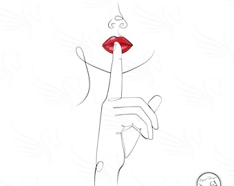 Dibujo lineal minimalista de una mujer con labios rojos