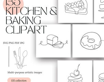 Descarga de arte lineal de cocina y repostería, arte lineal ilustrativo imprimible, diseños modernos digitalizados con arte de Illustrator, paquete de arte de dibujo personalizado
