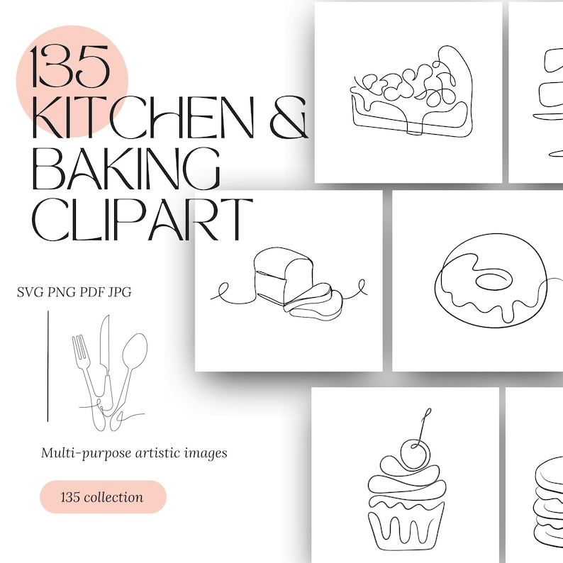 May include: A collection of 135 line art illustrations of kitchen and baking items. The illustrations include a cupcake, a donut, a loaf of bread, a pie, and a set of silverware.