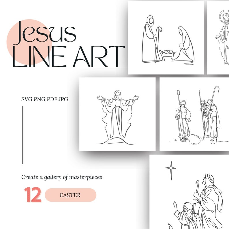 Puede incluir: Un conjunto de 12 ilustraciones de l&iacute;nea de arte de Jes&uacute;s y escenas de la Biblia. Las ilustraciones son en blanco y negro y son adecuadas para usar en proyectos digitales o impresos.