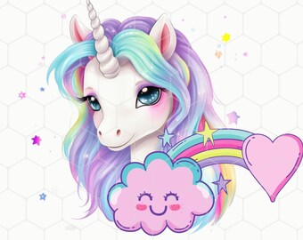 Printable Digital ArtCharm.01 &quot;Cloud Heart&quot; - Rare Rainbow Unicorn Instant Download Artistic Clipart Design