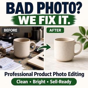 Puede incluir: Un anuncio de servicio de edición profesional de fotos de productos con una taza de cerámica beige moteada. La imagen muestra una comparación de antes y después, presentando la taza en un espacio de trabajo desordenado frente a un entorno limpio.