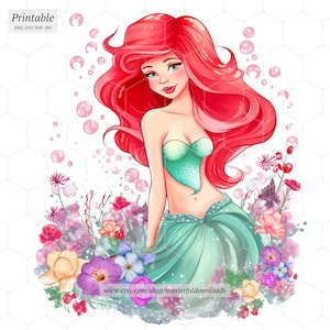 Floral Mermaid Digital Cartoon Clipart Design Printable Instant Download Image